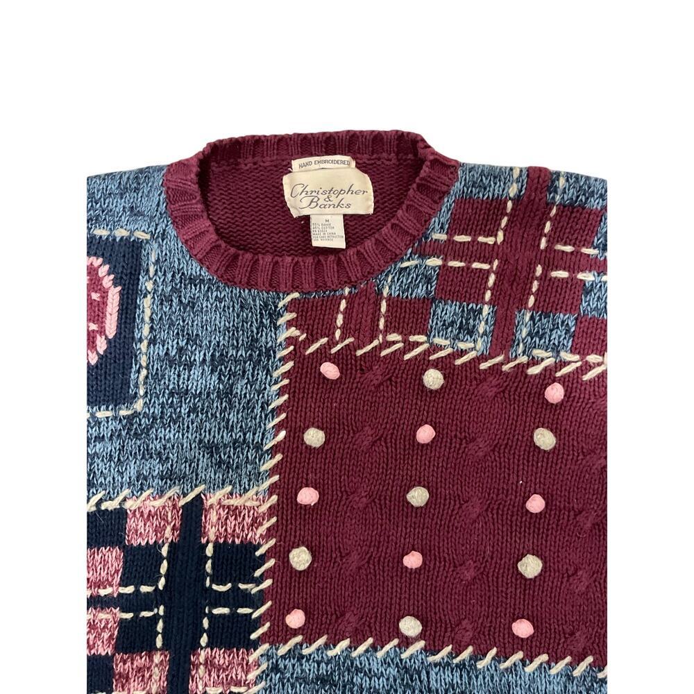 VTG 90s Christopher & Banks Patchwork Womens Sweater Size Medium Hand Embroided - Picture 6 of 9